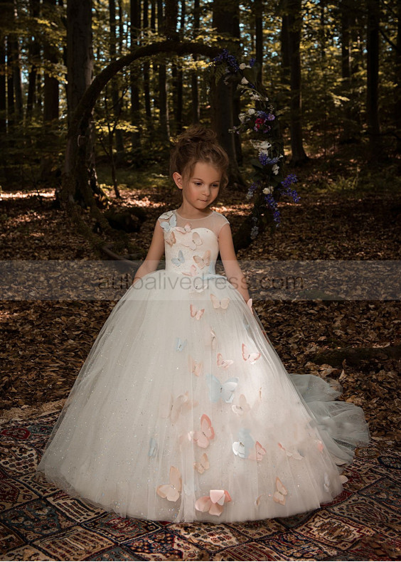 Lovely Ivory Glitter Tulle Butterfly Flower Girl Dress